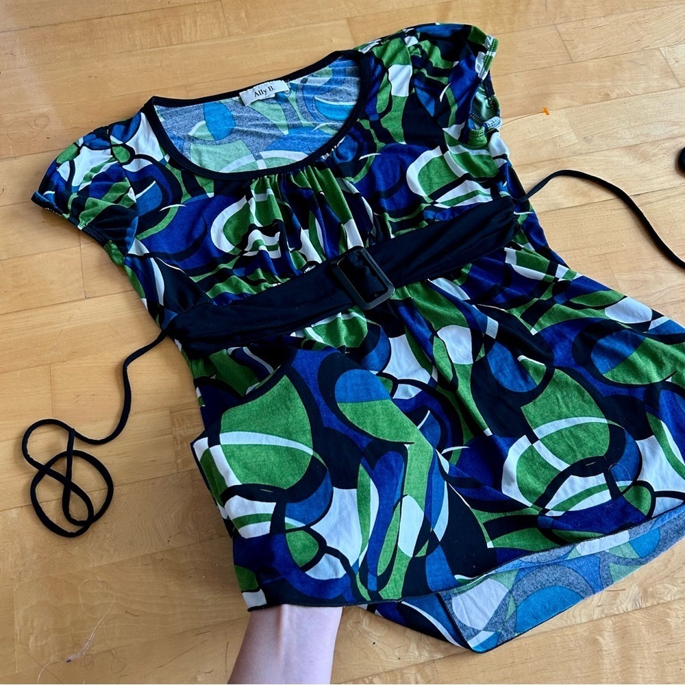 Ally B Abstract, Colorful Belted Blouse, Blue, Green, Green, White, Size L - Picture 5 of 17